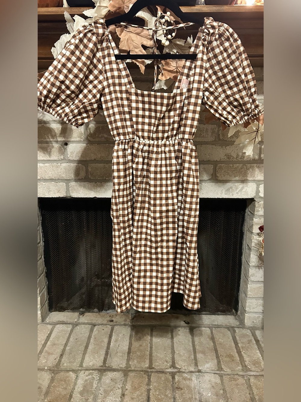 Show Me Your MuMu Brown & Cream Gingham Puff Sleeve Midi Dress EUC